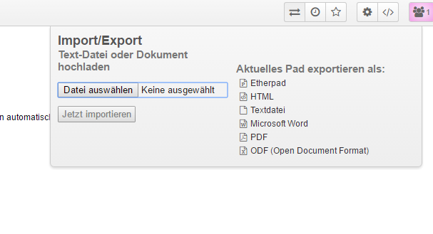 Ansicht des Export/Import Dialogs in Etherpad