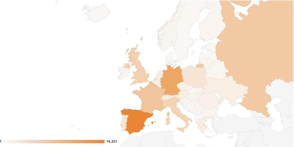 Ansicht von Europa; Verbreitung von Moodle in Westeuropa am Größten, insbesondere in Spanien und Deutschland