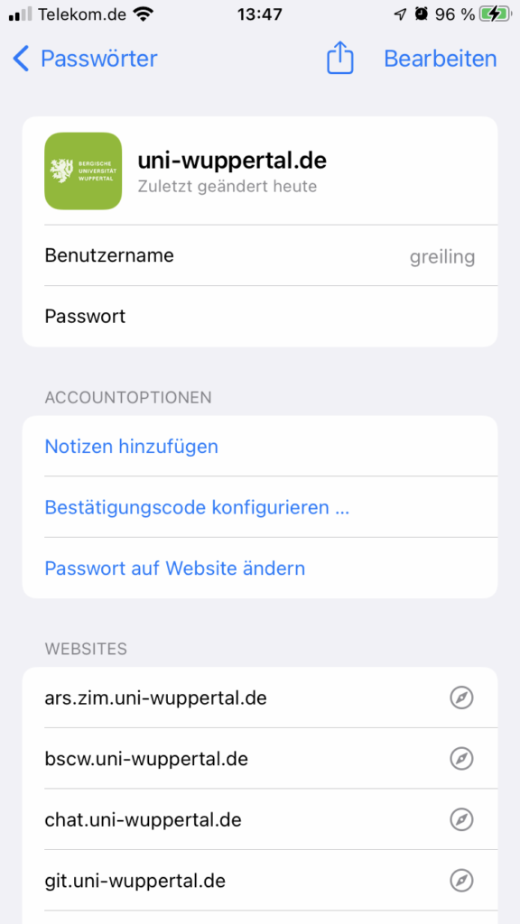 Screenshot iOS Einstellungen / Passwörter