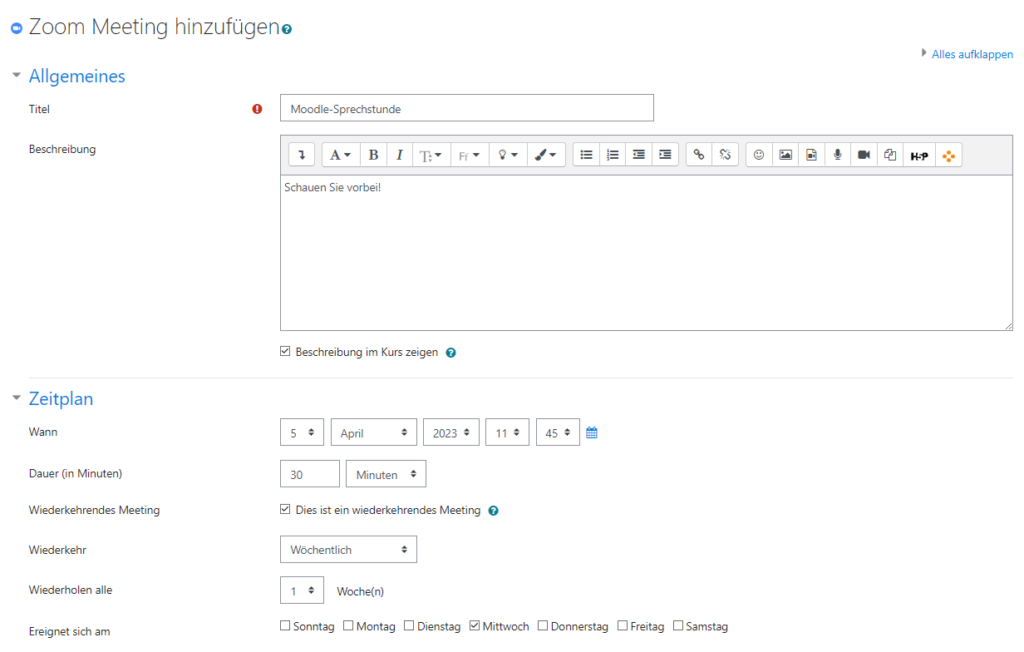 Einstellungen der Aktivität "Zoom Meeting" mit Titel, Beschreibung, Zeitplan