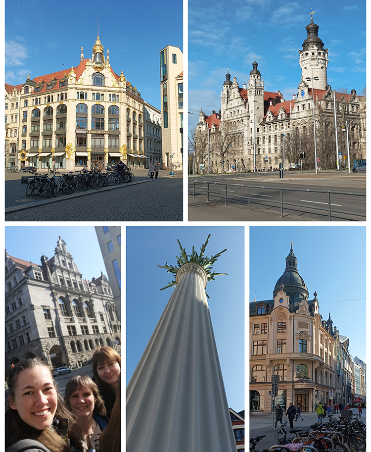 Collage aus Bildern der Leipziger Innenstadt: Historische Gebäude, Fahrräder auf dem Marktplatz, die Nikolaisäule aus der Froschperspektive. Selfie von drei Frauen.
