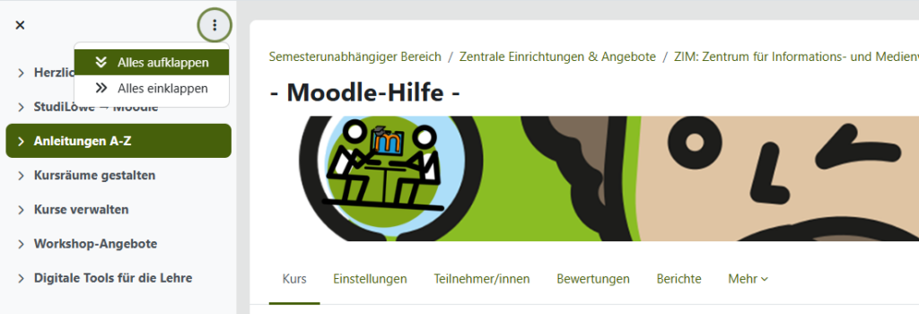 Screenshot Teilausschnitt der Moodle-Hilfe mit Anzeige des Index, die Funktion "Alles ausklappen" ist markiert.