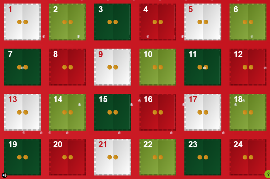 Adventskalender mit 24 Türchen, die alle geschlossen sind. 