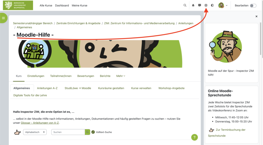 Darstellung der Seite Moodle-Hilfe und dem neuen Icon Rettungsring, der direkt zur
 Moodle-Hilfe führt