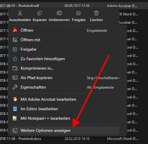 Ansicht des neuen Explorer Kontextmenüs in Windows 11