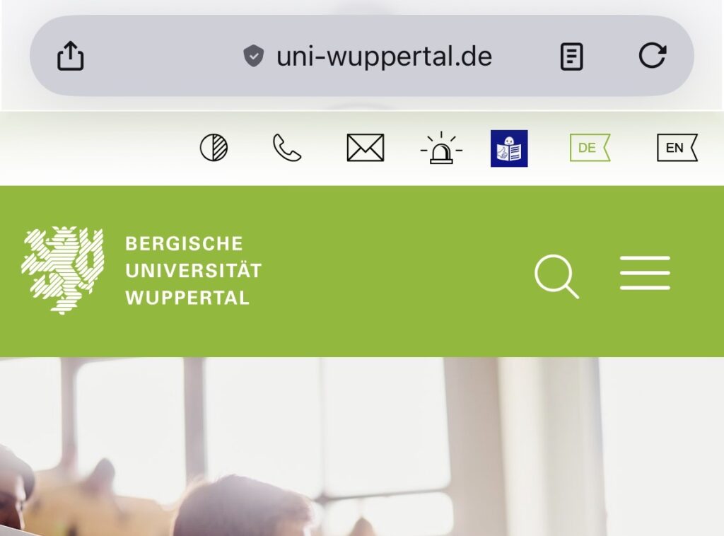 Screenshot des Aufrufs der Seite www.uni-wuppertal.de in einem modernen Handy-Brower - das www. wird ausgeblent in der Adresszeile