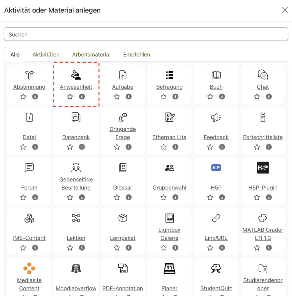 Darstellung der Auswahl Anwesenheitserfassung in den Moodleaktivitäten