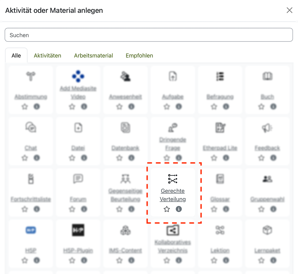 Ansicht in Moodle, Auswahl der Aktivitäten. Das Plugin "Gerechte Verteilung" in hervorgehoben. Dieser Hinweis soll den Lehrenden die Auffindbarkeit der neuen Aktivität erleichtern.