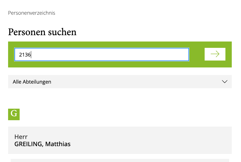 Screenshot des "Telefonbuchs" auf der Website der BUW mit eingegebener Durchwahl und Ergebnis der Suche